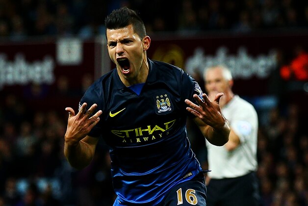 BIRMINGHAM, ENGLAND - OCTOBER 04:  Sergio Aguero of Manchester City celebrates after scoring his team's second goal during the Barclays Premier League match between Aston Villa and Manchester City at Villa Park on October 4, 2014 in Birmingham, England.  (Photo by Ian Walton/Getty Images)