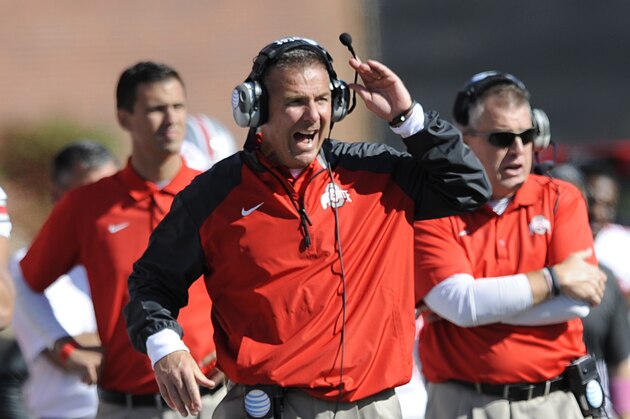 Ohio State head coach Urban Meyer looks on in the second half of an NCAA college football game against Maryland in College Park, Md., Saturday, Oct. 4, 2014.(AP Photo/Gail Burton)