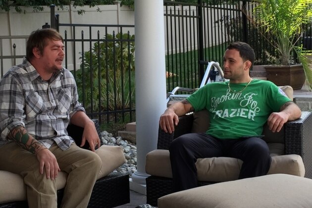 Frankie Edgar chats with Duane Finley in his outdoor lounge in Tom's River, NJ.