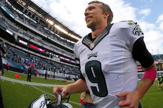 PHILADELPHIA, PA - OCTOBER 05:  Nick Foles #9 of the Philadelphia Eagles runs off the field after defeating the St. Louis Rams 34-28 in a football game at Lincoln Financial Field on November 5, 2014 in Philadelphia, Pennsylvania. (Photo by Rich Schultz /Getty Images)