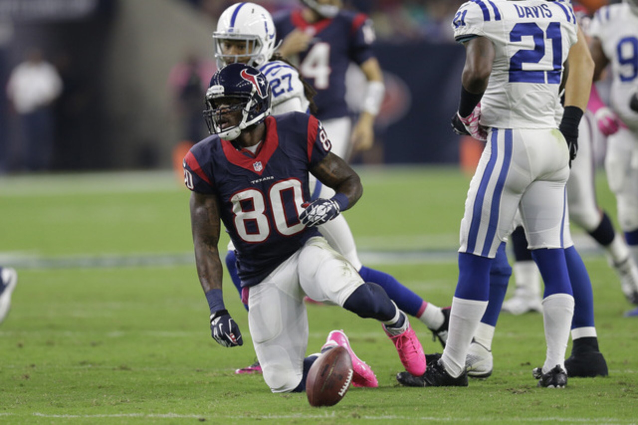 Houston Texans wide receiver Andre Johnson (80) gets up after a play during the second quarter of an NFL football game, Thursday, Oct. 9, 2014, in Houston. (AP Photo/Patric Schneider) Houston Texans wide receiver Andre Johnson (80) gets up after a play during the second quarter of an NFL football game, Thursday, Oct. 9, 2014, in Houston. (AP Photo/Patric Schneider)