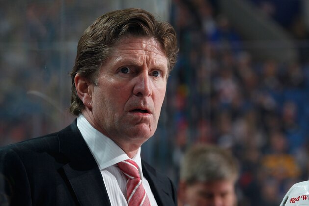 BUFFALO, NY - APRIL 08: Head coach Mike Babcock of the Detroit Red Wings watches their game against the Buffalo Sabres on April 8, 2014 at the First Niagara Center in Buffalo, New York.  (Photo by Bill Wippert/NHLI via Getty Images)