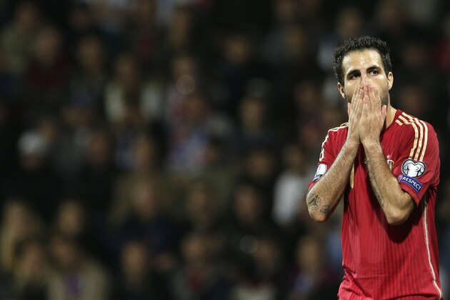 Spain's Cesc Fabregas reacts during the Group C Euro 2016 qualifying match between Slovakia and Spain in Zilina, Slovakia, Thursday, Oct. 9, 2014.  (AP Photo/Petr David Josek)