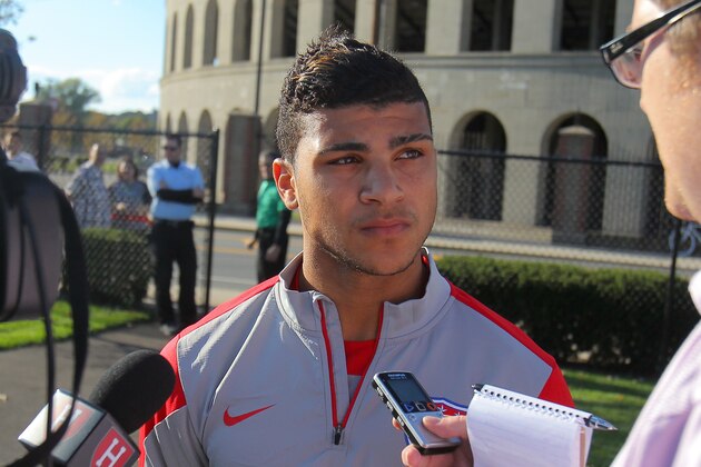 BOSTON, MA - OCTOBER 08:  DeAndre Yedlin speaks to the media during a United States soccer training session at Ohiri Field on October 8, 2014 in Boston, Massachusetts.  (Photo by Mike Lawrie/Getty Images)