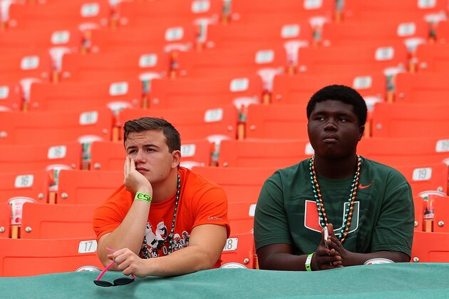 MIAMI, FL - SEPTEMBER 13:  Miami Hurricanes fans look on during a game against the Arkansas State Red Wolves at Sunlife Stadium on September 13, 2014 in Miami, Florida.  (Photo by Mike Ehrmann/Getty Images)