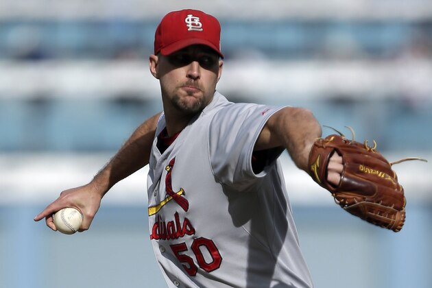 St. Louis Cardinals starting pitcher Adam Wainwright throws against the Los Angeles Dodgers during first inning in Game 1 of baseball's NL Division Series in Los Angeles, Friday, Oct. 3, 2014. (AP Photo/Alex Gallardo)