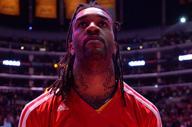 LOS ANGELES, CA - JANUARY 31: Jordan Hill #27 of the Los Angeles Lakers stands in observance of the national anthem before a game against the Charlotte Bobcats at STAPLES Center on January 31, 2014 in Los Angeles, California. NOTE TO USER: User expressly acknowledges and agrees that, by downloading and/or using this Photograph, user is consenting to the terms and conditions of the Getty Images License Agreement. Mandatory Copyright Notice: Copyright 2014 NBAE (Photo by Andrew D. Bernstein/NBAE via Getty Images)