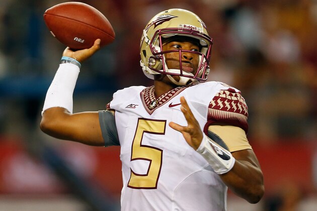 ARLINGTON, TX - AUGUST 30:  Jameis Winston #5 of the Florida State Seminoles passes against the Oklahoma State Cowboys in the first half of the Advocare Cowboys Classic at AT&T Stadium on August 30, 2014 in Arlington, Texas.  (Photo by Tom Pennington/Getty Images)