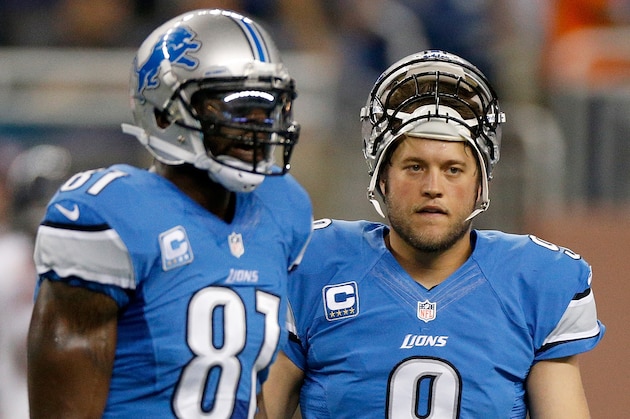 DETROIT, MI - SEPTEMBER 29: Calvin Johnson #81 and Matthew Stafford #9 of the Detroit Lions prepare to play the Chicago Bears during pregame at Ford Field on September 29, 2013 in Detroit, Michigan. (Photo by Gregory Shamus/Getty Images)