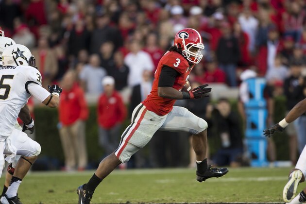 Georgia running back Todd Gurley (3) breaks free against Vanderbilt  in the second  half of an NCAA college football game Saturday, Oct. 4, 2014, in Athens, Ga.. Georgia won 44-17. (AP Photo/John Bazemore)