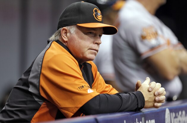 Baltimore Orioles manager Buck Showalter watches against the Tampa Bay Rays during the first inning of a baseball game Wednesday, June 18, 2014, in St. Petersburg, Fla. (AP Photo/Chris O'Meara)