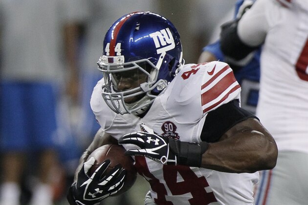 New York Giants running back Andre Williams (44) carries against the Detroit Lions during the fourth quarter of an NFL football game in Detroit, Monday, Sept. 8, 2014. (AP Photo/Duane Burleson)