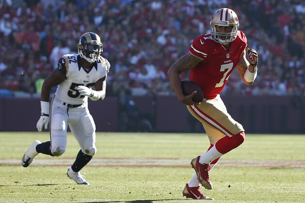 SAN FRANCISCO, CA - DECEMBER 1: Quarterback Colin Kaepernick #7 of the San Francisco 49ers scrambles during the first quarter against the St. Louis Rams on December 1, 2013 at Candlestick Park in San Francisco, California. (Photo by Stephen Lam/Getty Images)