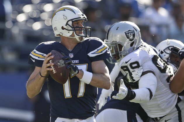 San Diego Chargers quarterback Philip Rivers looks for a receiver against the Oakland Raiders during the first half of an NFL football game on Sunday, Dec. 22, 2013, in San Diego, CA.. (AP Photo/Lenny Ignelzi)
