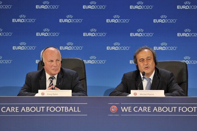GENEVA, SWITZERLAND - SEPTEMBER 19:  English Football Association (FA) Chairman Greg Dyke and UEFA President Michel Platini speak during a press conference following the UEFA EURO 2020 Host Cities & Final announcement ceremony held at Espace Hippomene on September 19, 2014 in Geneva, Switzerland.  (Photo by Harold Cunningham/Getty Images for UEFA)