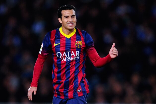 SAN SEBASTIAN, SPAIN - FEBRUARY 22:  Pedro Rodriguez of FC Barcelona gives his thumbs up during the La Liga match between Real Sociedad and FC Barcelona at Estadio Anoeta on February 22, 2014 in San Sebastian, Spain.  (Photo by David Ramos/Getty Images)