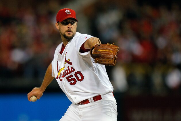 St. Louis Cardinals starting pitcher Adam Wainwright throws during the first inning of a baseball game against the Colorado Rockies Friday, Sept. 12, 2014, in St. Louis. (AP Photo/Scott Kane)