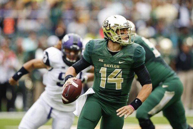 Oct 11, 2014; Waco, TX, USA; Baylor Bears quarterback Bryce Petty (14) throws during the first half against the TCU Horned Frogs at McLane Stadium. Mandatory Credit: Kevin Jairaj-USA TODAY Sports