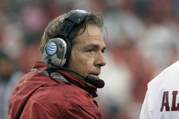 Alabama coach Nick Saban watches the first half of an NCAA college football game against Arkansas in Fayetteville, Ark., Saturday, Oct. 11, 2014. (AP Photo/Danny Johnston)