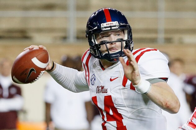 COLLEGE STATION, TX - OCTOBER 11:  Bo Wallace #14 of the Mississippi Rebels throws a pass in the first half of their game against the Texas A&M Aggies at Kyle Field on October 11, 2014 in College Station, Texas.  (Photo by Scott Halleran/Getty Images)