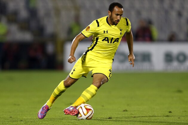 Tottenham Hotspur's Andros Townsend runs with the ball during the Europa League Group C soccer match between Partizan Belgrade and Tottenham Hotspur in Belgrade, Serbia, Thursday, Sept. 18, 2014. (AP Photo/Marko Drobnjakovic)