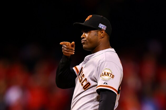 ST LOUIS, MO - OCTOBER 11:  Santiago Casilla #46 of the San Francisco Giants reacts in the ninth inning against the St. Louis Cardinals during Game One of the National League Championship Series at Busch Stadium on October 11, 2014 in St Louis, Missouri.  (Photo by Dilip Vishwanat/Getty Images)