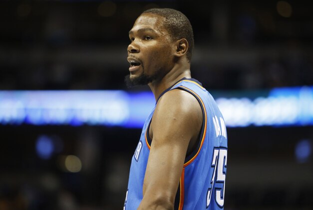Oct 8, 2014; Denver, CO, USA; Oklahoma City Thunder forward Kevin Durant (35) during the first half against the Denver Nuggets at Pepsi Center. Mandatory Credit: Chris Humphreys-USA TODAY Sports
