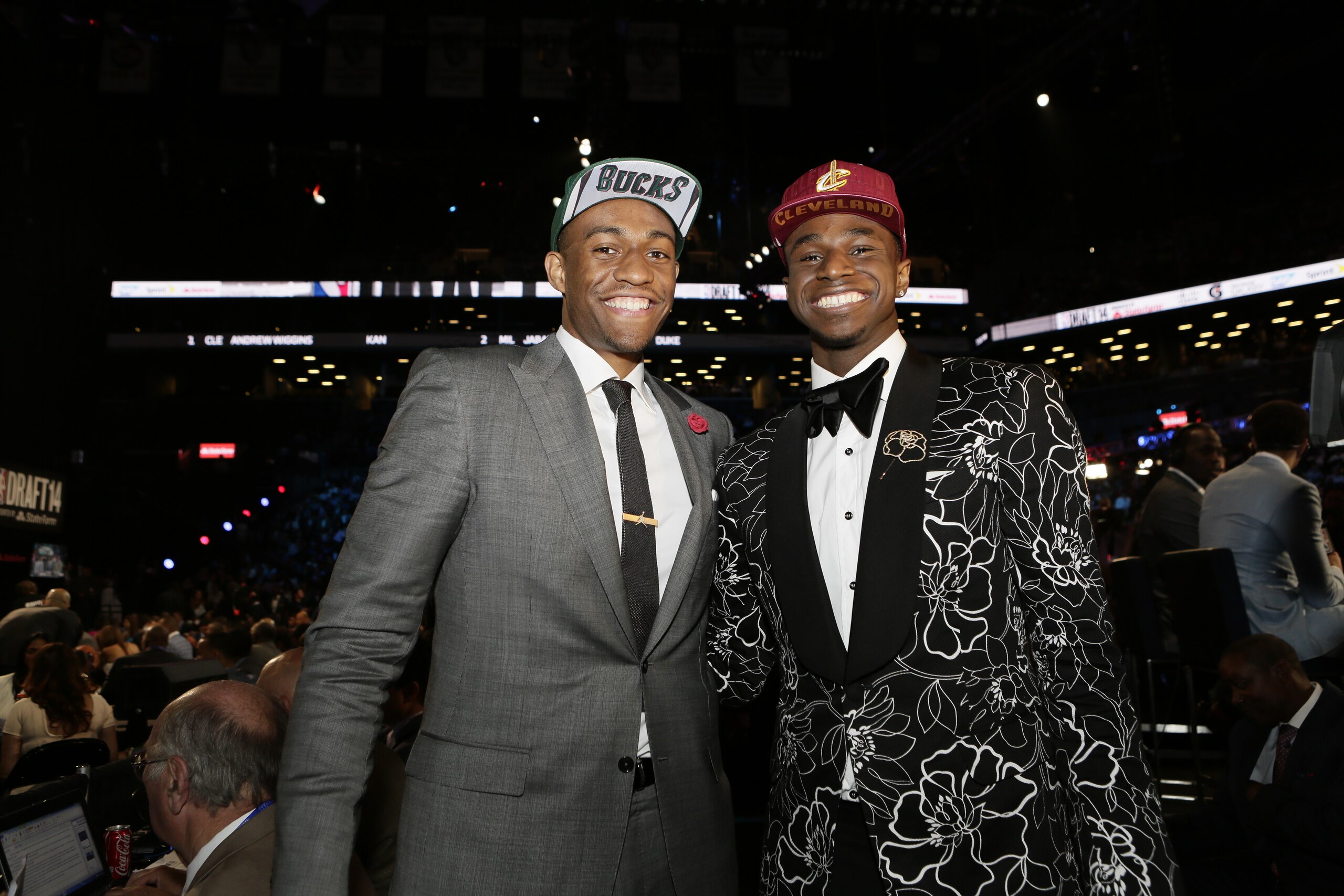 BROOKLYN - JUNE 26: Jabari Parker of the Milwaukee Bucks the #2 overall pick smiles with  Andrew Wiggins of the Cleveland Cavaliers the #1 overall pick of 2014 NBA Draft on June 26, 2014 at the Barclays Center in Brooklyn New York. NOTE TO USER: User expressly acknowledges and agrees that, by downloading and/or using this photograph, user is consenting to the terms and conditions of the Getty Images License Agreement.  Mandatory Copyright Notice: Copyright 2014 NBAE (Photo by Steve Freeman/NBAE via Getty Images)