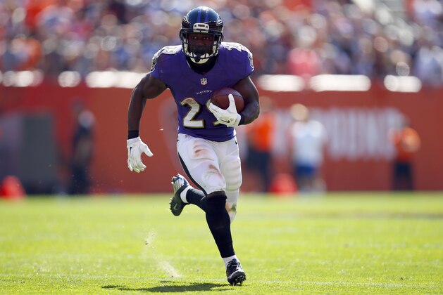 Baltimore Ravens running back Justin Forsett (29) runs the ball against the Cleveland Browns during an NFL game at the FirstEnergy Stadium in Cleveland on Sunday, Sept. 21, 2014. (Jeff Haynes/AP Images for Panini)