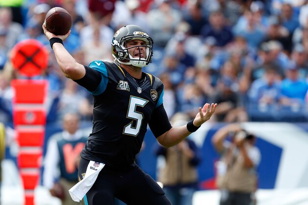 NASHVILLE, TN - OCTOBER 12:  Blake Bortles #5 of the Jacksonville Jaguars looks to pass against the Tennessee Titans during the fourth quarter of a game at LP Field on October 12, 2014 in Nashville, Tennessee.  (Photo by Wesley Hitt/Getty Images)