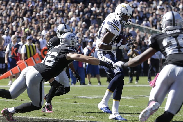 San Diego Chargers wide receiver Malcom Floyd (80) scores on a 5-yard touchdown reception past Oakland Raiders linebacker Miles Burris (56) during the second quarter of an NFL football game in Oakland, Calif., Sunday, Oct. 12, 2014. (AP Photo/Ben Margot)