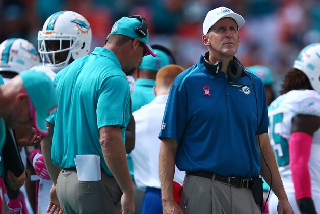 Miami Dolphins head coach Joe Philbin looks up during the second half of an NFL football game against the Green Bay Packers, Sunday, Oct. 12, 2014, in Miami Gardens, Fla. (AP Photo/J Pat Carter)