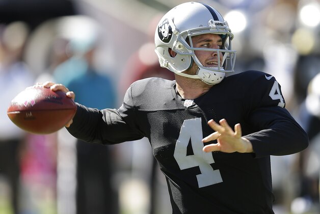 Oakland Raiders quarterback Derek Carr (4) passes against the San Diego Chargers during the second quarter of an NFL football game in Oakland, Calif., Sunday, Oct. 12, 2014. (AP Photo/Ben Margot)