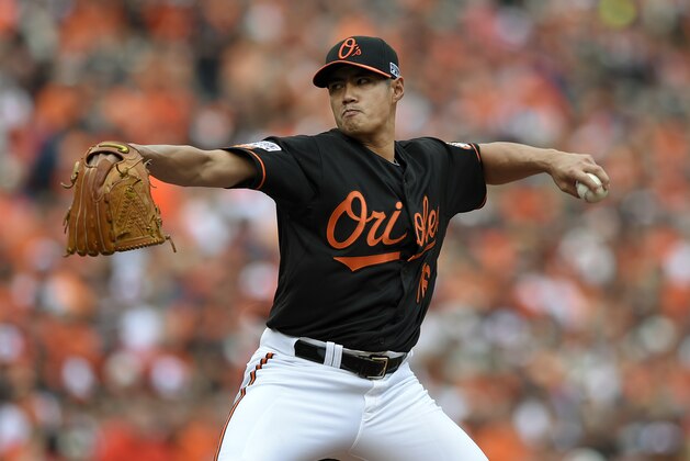 Baltimore Orioles starting pitcher Wei-Yin Chen, of Taiwan, throws to the Detroit Tigers in the first inning of Game 2 in baseball's AL Division Series in Baltimore, Friday, Oct. 3, 2014. (AP Photo/Nick Wass)
