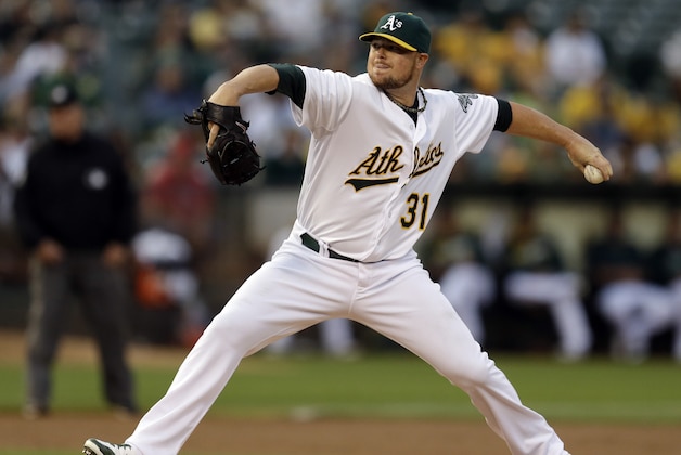 Oakland Athletics' Jon Lester works against the Philadelphia Phillies in the first inning of a baseball game Friday, Sept. 19, 2014, in Oakland, Calif. (AP Photo/Ben Margot)