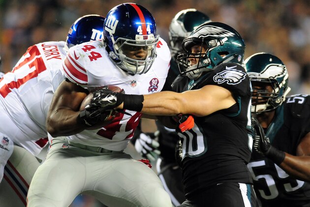 PHILADELPHIA, PA - OCTOBER 12: Running back Andre Williams #44 of the New York Giants is tackled by linebacker Casey Matthews #50 of the Philadelphia Eagles during a football game at Lincoln Financial Field on October 12, 2014 in Philadelphia, Pennsylvania. (Photo by Evan Habeeb/Getty Images)