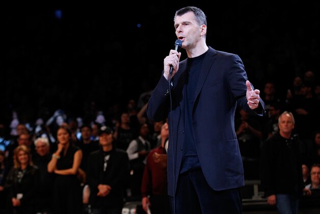 NEW YORK, NY - APRIL 20:  Brooklyn Nets Owner Mikhail Prokhorov speaks to the crowd prior to the game between the Brooklyn Nets and the Chicago Bulls during Game One of the Eastern Conference Quarterfinals of the 2013 NBA Playoffs at Barclays Center on April 20, 2013 in New York City. NOTE TO USER: User expressly acknowledges and agrees that, by downloading and or using this photograph, User is consenting to the terms and conditions of the Getty Images License Agreement.  (Photo by Mike Stobe/Getty Images)