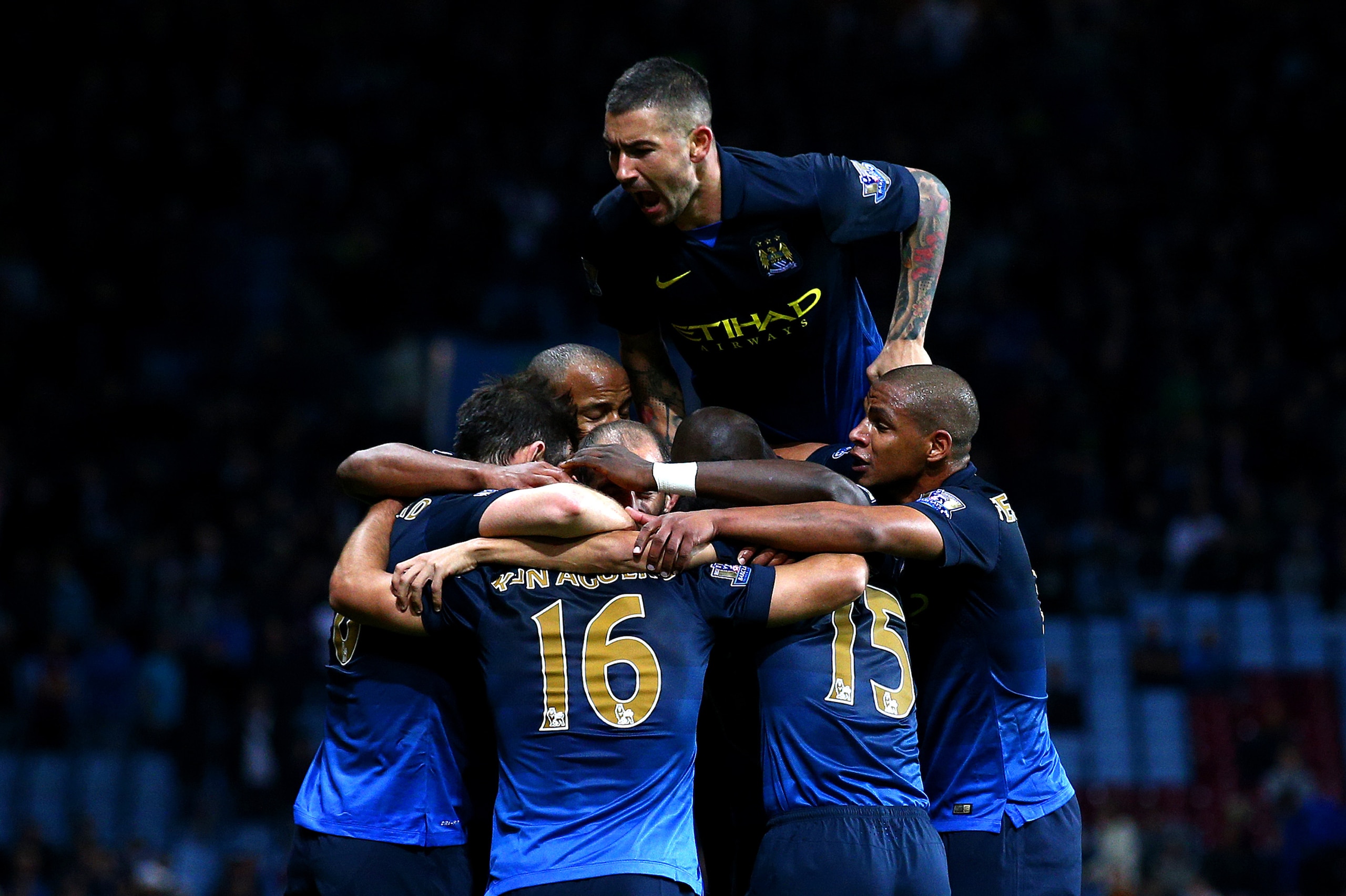 BIRMINGHAM, ENGLAND - OCTOBER 04: Sergio Aguero of Manchester City celebrates with team-mates after scoring their second goal during the Barclays Premier League match between Aston Villa and Manchester City at Villa Park on October 4, 2014 in Birmingham, England. (Photo by Ian Walton/Getty Images) BIRMINGHAM, ENGLAND - OCTOBER 04: Sergio Aguero of Manchester City celebrates with team-mates after scoring their second goal during the Barclays Premier League match between Aston Villa and Manchester City at Villa Park on October 4, 2014 in Birmingham, England. (Photo by Ian Walton/Getty Images)