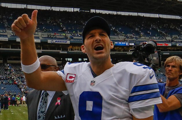 SEATTLE, WA - OCTOBER 12:  Quarterback Tony Romo #9 of the Dallas Cowboys leaves the field after a win over the Seattle Seahawks 30-23 at CenturyLink Field on October 12, 2014 in Seattle, Washington.  (Photo by Otto Greule Jr/Getty Images)