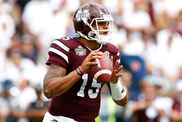 STARKVILLE, MS - OCTOBER 11:  Dak Prescott #15 of the Mississippi State Bulldogs looks to pass against the Auburn Tigers at Davis Wade Stadium on October 11, 2014 in Starkville, Mississippi.  (Photo by Kevin C. Cox/Getty Images)