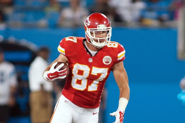 Aug 17, 2014; Charlotte, NC, USA; Kansas City Chiefs tight end Travis Kelce (87) runs after catching a pass during the third quarter against the Carolina Panthers at Bank of America Stadium. Mandatory Credit: Jeremy Brevard-USA TODAY Sports