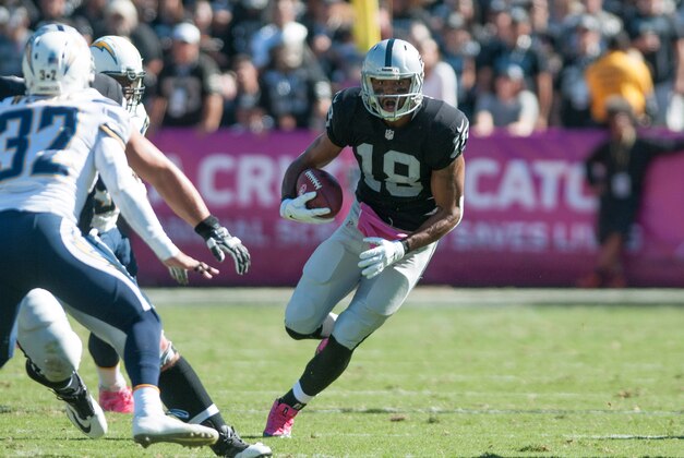 Oct 12, 2014; Oakland, CA, USA; Oakland Raiders wide receiver Andre Holmes (18) runs after the catch against the San Diego Chargers during the second quarter at O.co Coliseum. The San Diego Chargers defeated the Oakland Raiders 31-28. Mandatory Credit: Ed Szczepanski-USA TODAY Sports