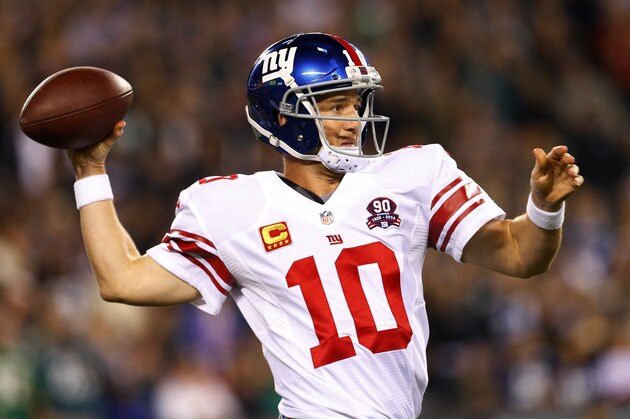 PHILADELPHIA, PA - OCTOBER 12: Eli Manning #10 of the New York Giants looks to pass against the Philadelphia Eagles during the first quarter in a football game at Lincoln Financial Field on October 12, 2014 in Philadelphia, Pennsylvania. The Eagles defeated the Giants 27-0. (Photo by Rich Schultz /Getty Images)