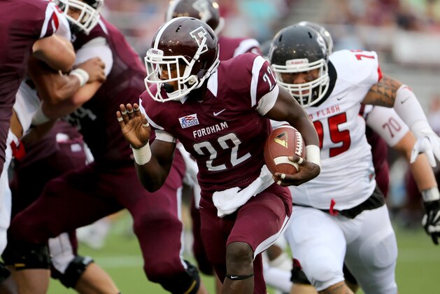 Fordham Rams Chase Edmonds #22 in action against the St, Francis (PA) Red Flash during a college football game on Saturday, August 30, 2014 in the Bronx, NY.  The Rams beat the Red Flash 53-22. (AP Photo/Gregory Payan)