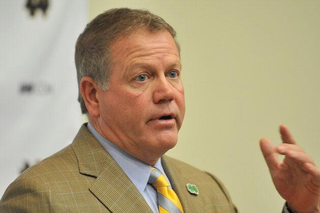 Notre Dame football coach Brian Kelly answers a question during a press conference Tuesday Oct. 7, 2014 in South Bend, Ind. Notre Dame will play North Carolina Saturday Oct. 18 in South Bend. (AP Photo/Joe Raymond)