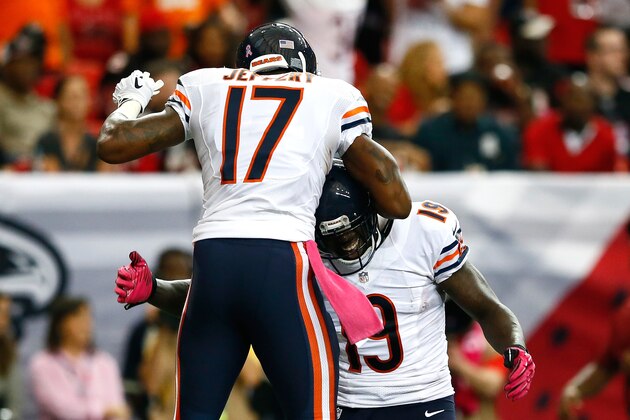 ATLANTA, GA - OCTOBER 12:  Josh Morgan #19 of the Chicago Bears reacts after a touchdown reception against the Atlanta Falcons with Alshon Jeffery #17 at Georgia Dome on October 12, 2014 in Atlanta, Georgia.  (Photo by Kevin C. Cox/Getty Images)