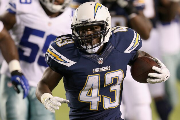 SAN DIEGO, CA - AUGUST 07:  Branden Oliver #43 of the San Diego Chargers runs against the Dallas Cowboys during a preseason game at Qualcomm Stadium on August 7, 2014 in San Diego, California.  (Photo by Stephen Dunn/Getty Images)