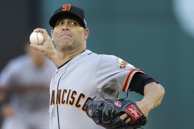 San Francisco Giants starting pitcher Tim Hudson throws in the first inning of Game 2 of baseball's NL Division Series against the Washington Nationals at Nationals Park, Saturday, Oct. 4, 2014, in Washington. (AP Photo/Mark Tenally) San Francisco Giants starting pitcher Tim Hudson throws in the first inning of Game 2 of baseball's NL Division Series against the Washington Nationals at Nationals Park, Saturday, Oct. 4, 2014, in Washington. (AP Photo/Mark Tenally)