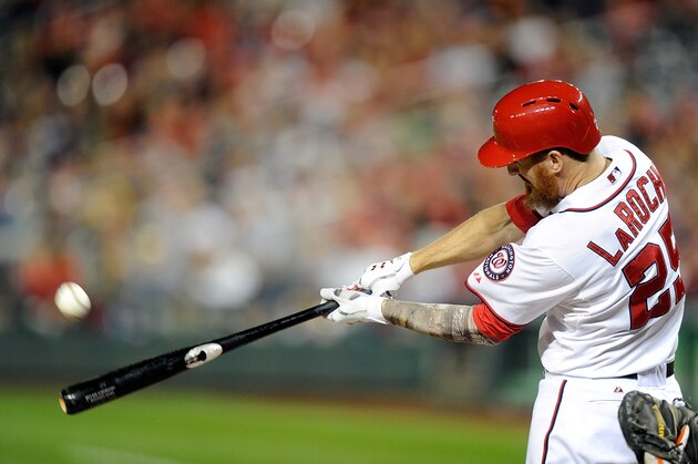 WASHINGTON, DC - SEPTEMBER 23: Adam LaRoche #25 of the Washington Nationals hits a three-run home run in the fifth inning against the New York Mets at Nationals Park on September 23, 2014 in Washington, DC.  (Photo by Greg Fiume/Getty Images)