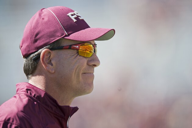 TALLAHASSEE, FL - OCTOBER 4: Head coach Jimbo Fisher of the Florida State Seminoles watches his team warm up prior to the First half at Doak Campbell Stadium on October 4, 2014 in Tallahassee, Florida.  (Photo by Jeff Gammons/Getty Images)
